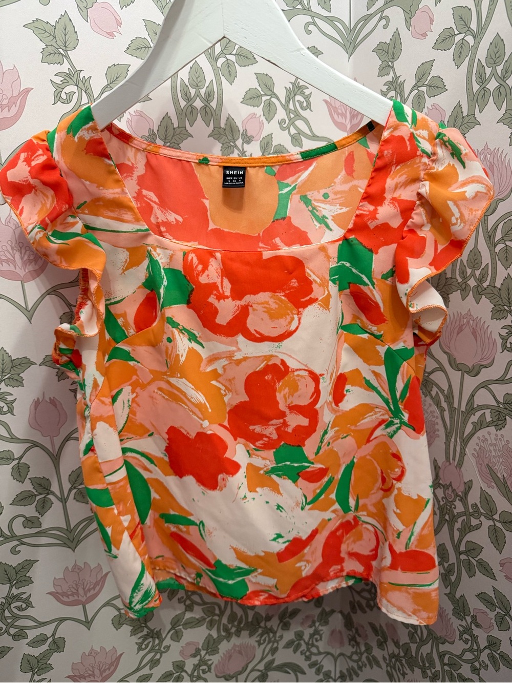 SHEIN Orange & Green Floral Ruffle Sleeve Blouse - S